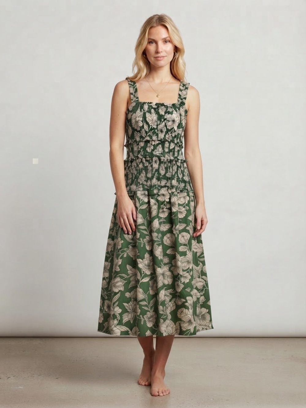 Smocked Green Floral Midi Dress 100% Cotton New Size Large